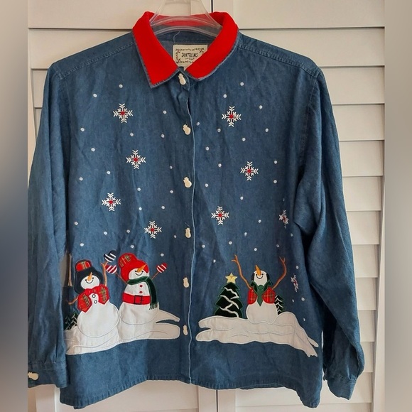 Tantrums Jackets & Blazers - Vtg Tantrums XXL Denim Embroidered Christmas Shirt Corduroy CollarSnowman Button